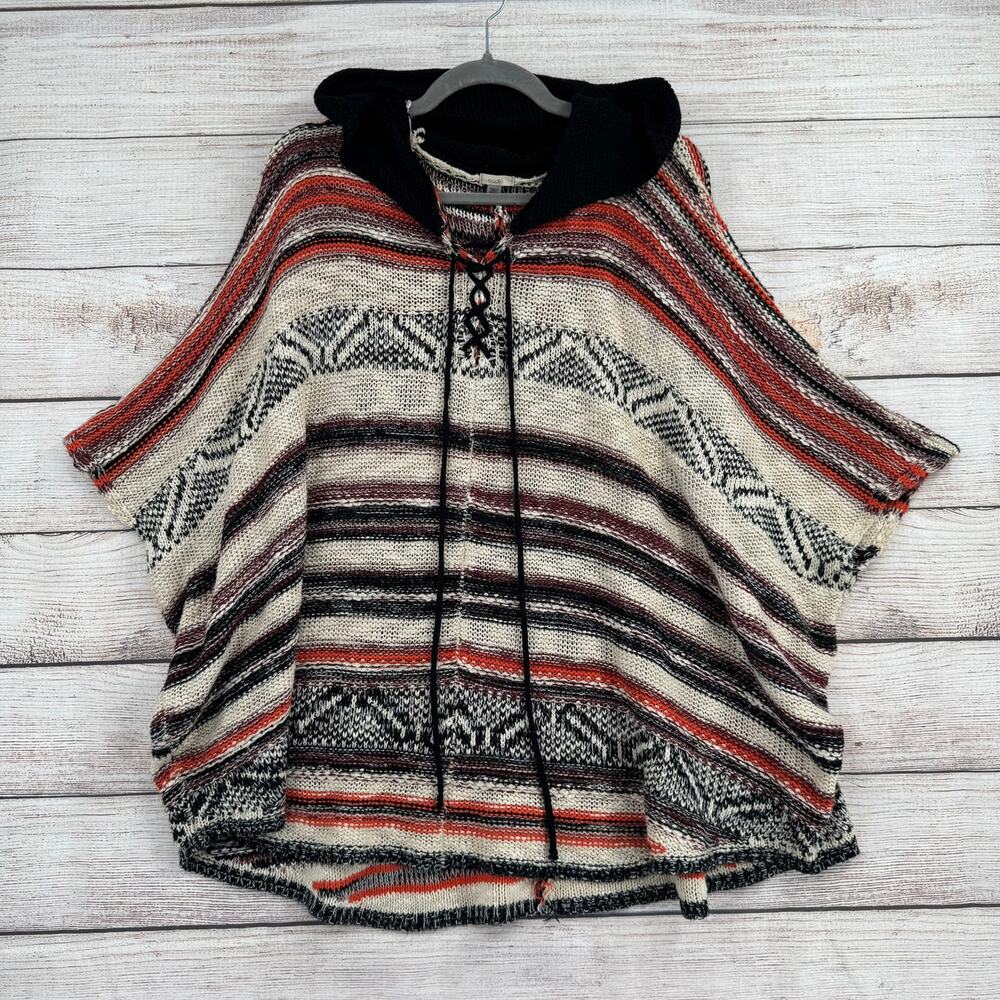 Ecote Striped Hooded Poncho Sweater Womens Small Cream Black Orange Tie Neck